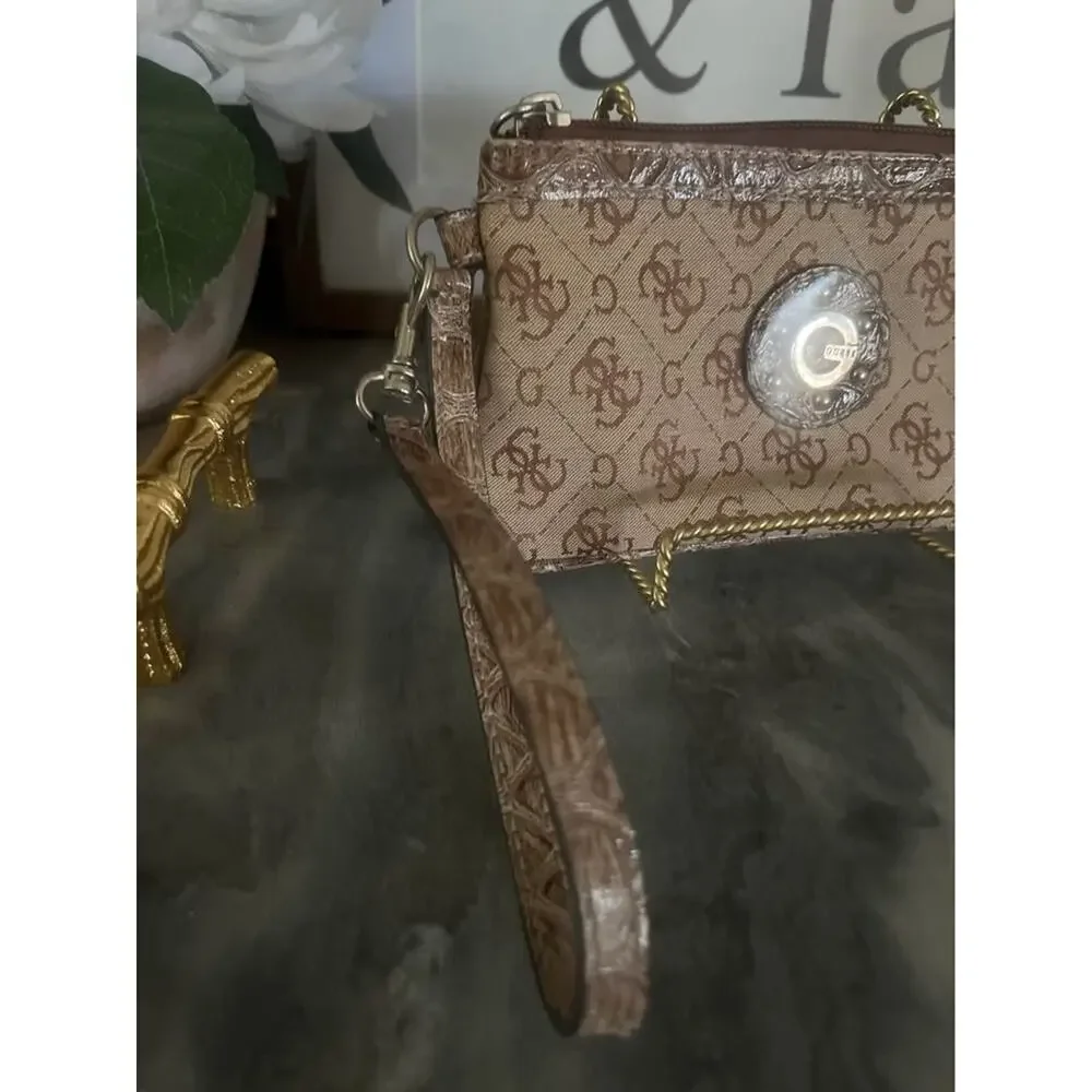 Vintage Y2K Guess Monogram Wristlet Tan Brown Logo Mini Micro Wallet Clutch